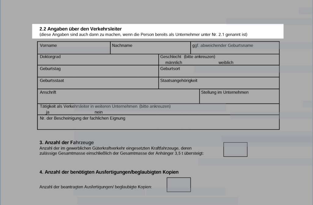 (Verkehrsleiter) Ausschnitt aus EU-Lizenzantrag